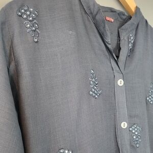 Three piece salwar suit, blue with embroidery and mirror work. Size small